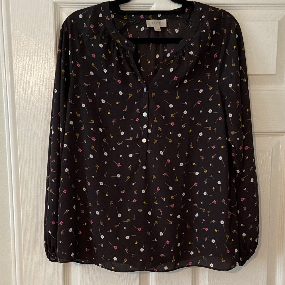 LOFT Black Blouse with Floral Print